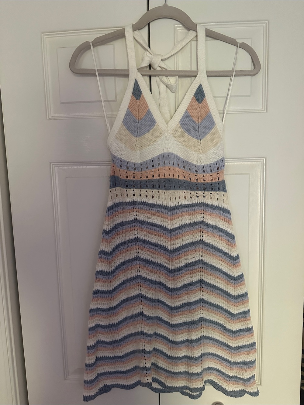 Pink Rose Knit Halter Mini Dress in Cream, Blue & Peach